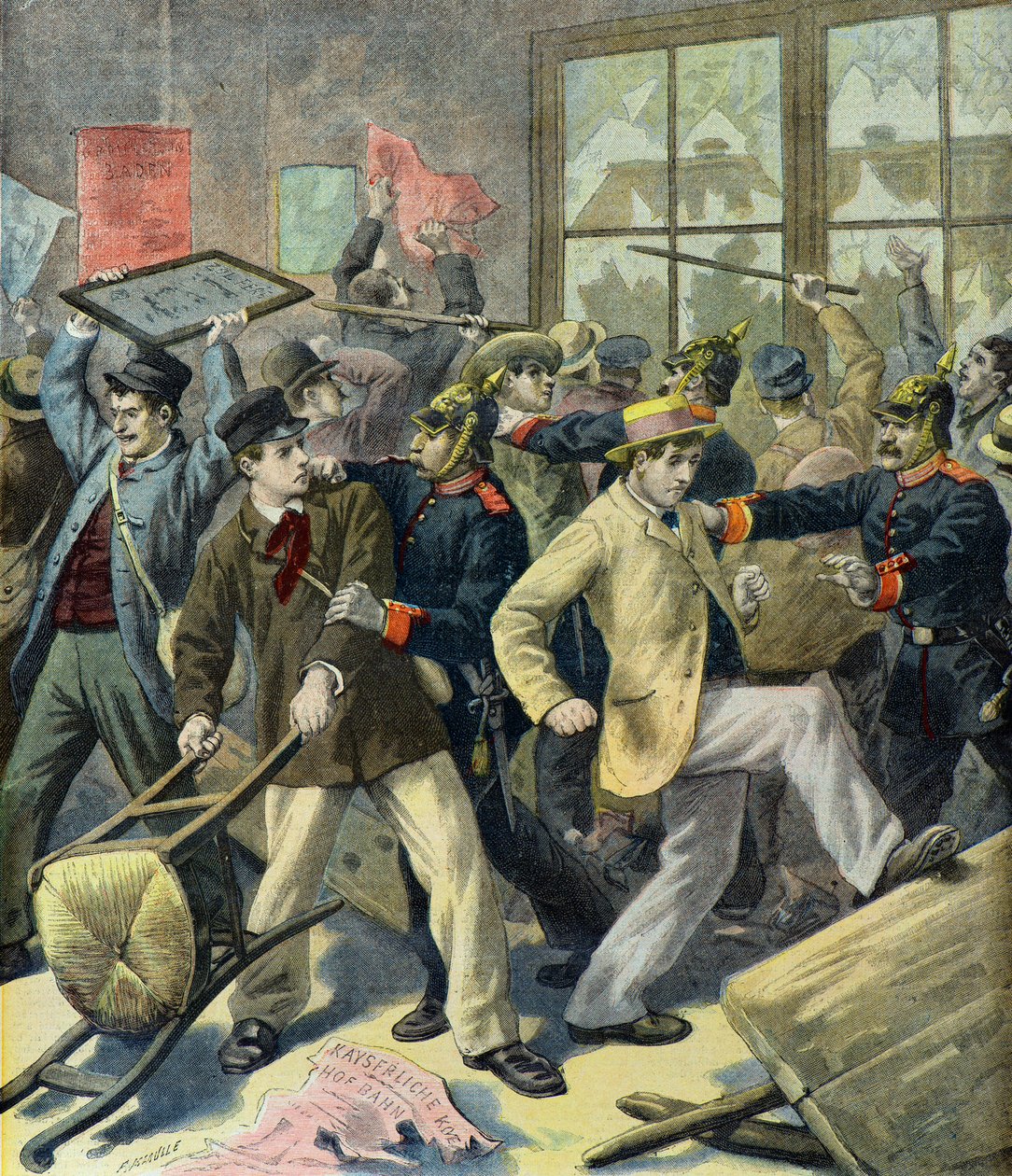 Rebellion der Wehrpflichtigen aus Elsass-Lothringen in deutschen Bahnhöfen (Gravur) von Fortune Louis Meaulle