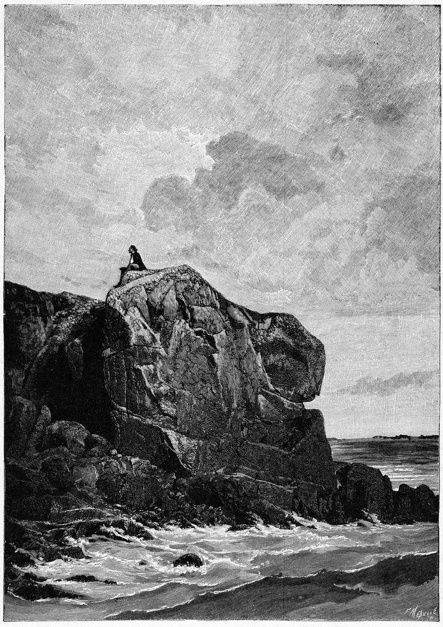 Victor Hugo im Exil auf Jersey im Jahr 1855, auf dem Proscriit-Felsen. Gravur von Louis Fortuné Méaulle (1844-1901), von dem Hugo sagte: „Ich denke, er graviert“. von Fortune Louis Meaulle