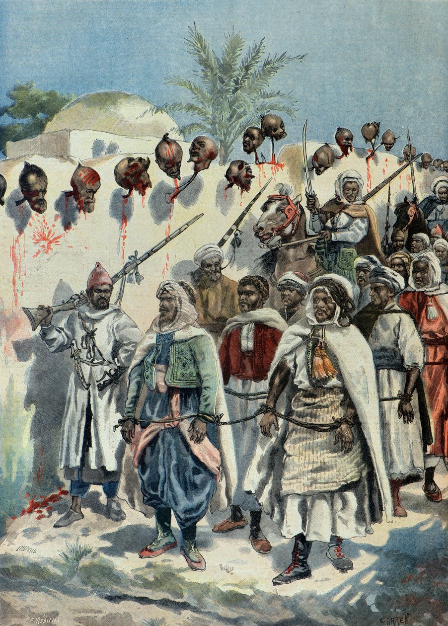 Gefangene marokkanische Aufständische passieren die abgetrennten Köpfe ihrer Kameraden im Jahr 1897 (Gravur) von Fortune Louis Meaulle