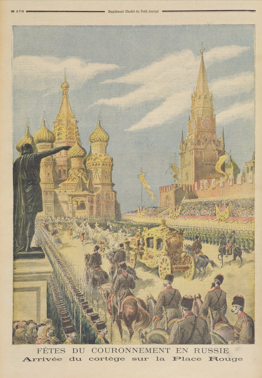Feier zur Krönung von Zar Nikolaus II. (1894-1917) Ankunft des Kortsches auf dem Roten Platz, aus 