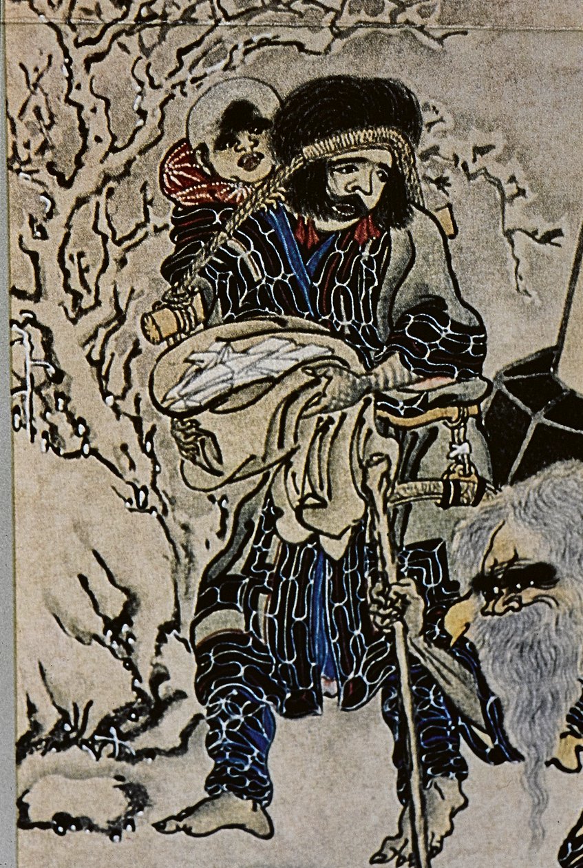 Die großen Führer des achtzehnten Jahrhunderts Ainu: Itokoi und Shinichi aus Akkeshi, Chosama aus Uraashibetsu und Shonko aus Noshappu, insbesondere, Illustration von Fosco Maraini