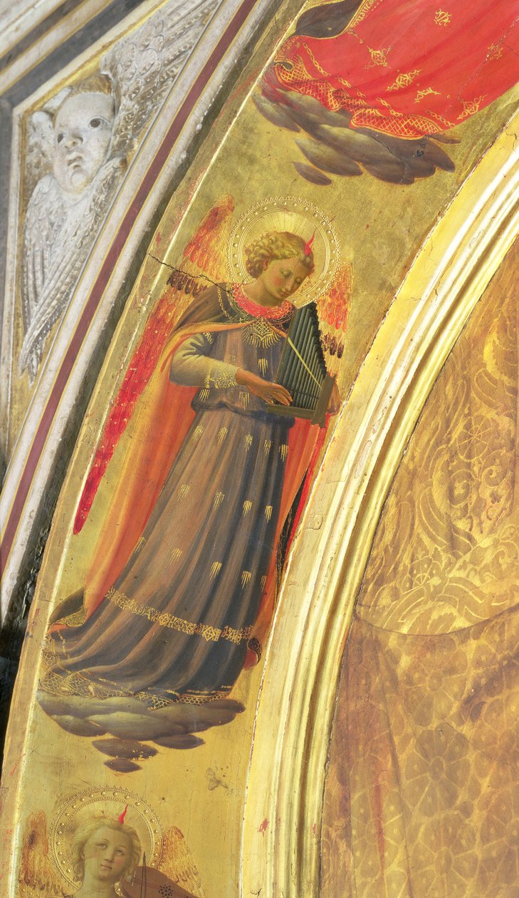 Detail von der Seite des Linaivoli-Triptychons, das einen Engel zeigt, der eine tragbare Orgel hält, 1433 von Fra Angelico