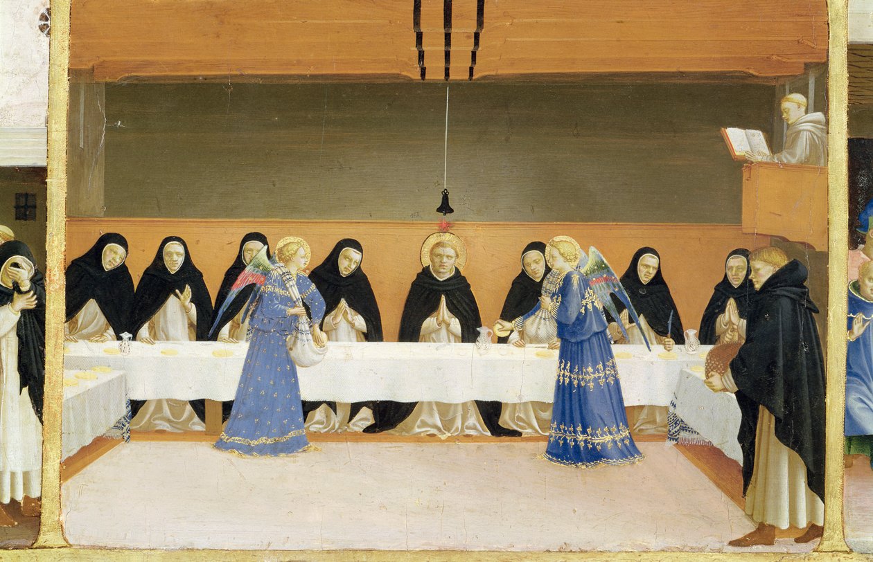 St. Dominikus und seine Gefährten von Engeln gespeist, aus dem Predella-Panel der Krönung der Jungfrau, ca. 1430-32 von Fra Angelico