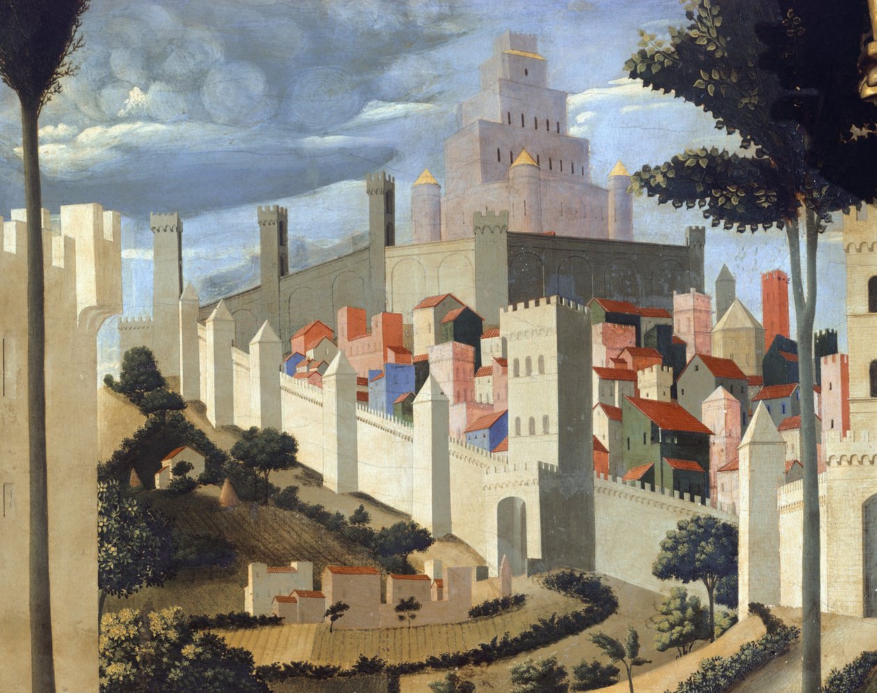 Kreuzabnahme Christi (Heilige Dreifaltigkeitsaltar), Detail der Landschaft mit Blick auf Jerusalem und den Tempel Salomos von Fra  Angelico