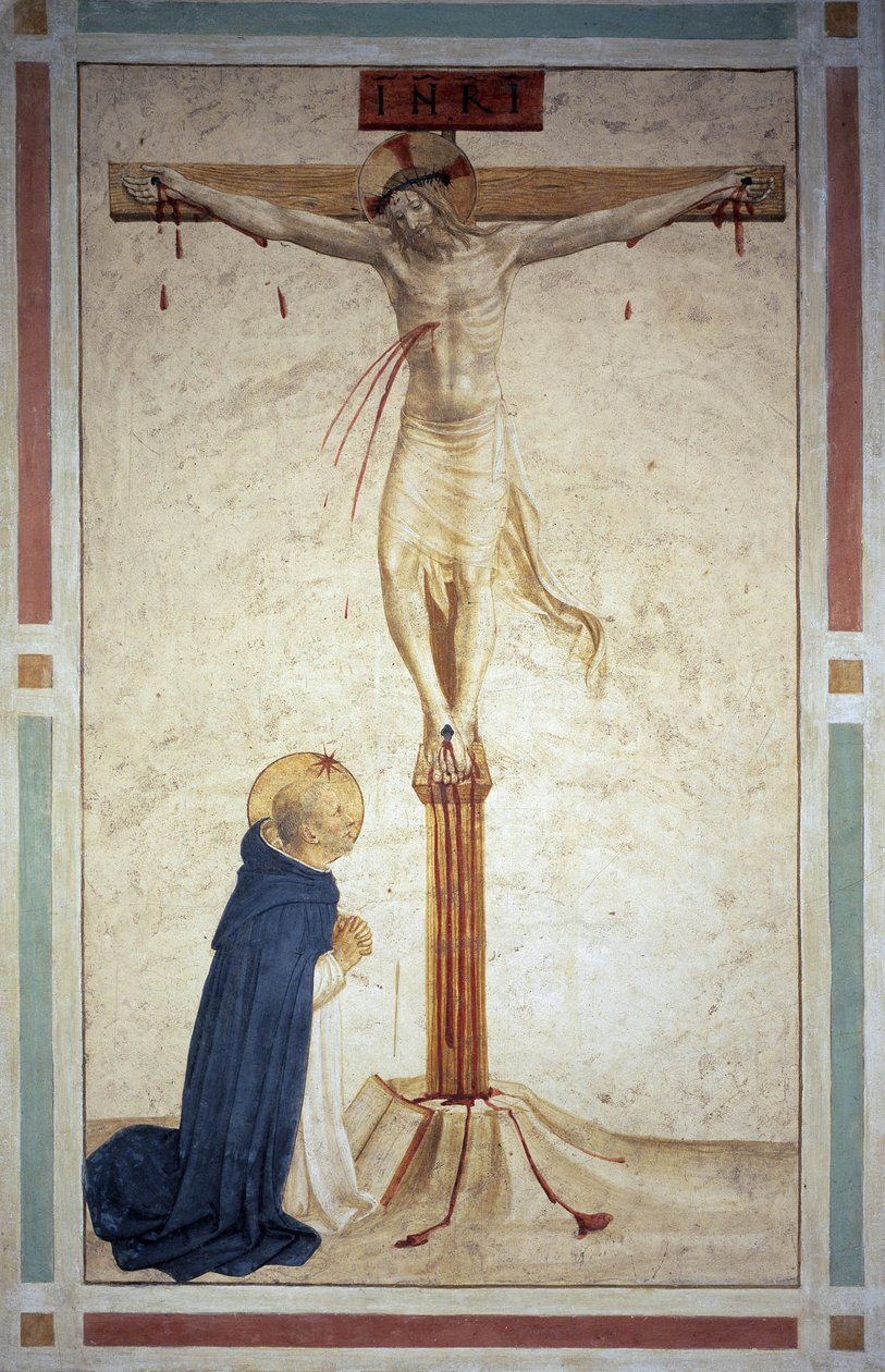Die Kreuzigung mit dem heiligen Dominikus. Inschrift "INRI" auf dem Kreuz. Fresko von Guido di Pietro von Fra Angelico