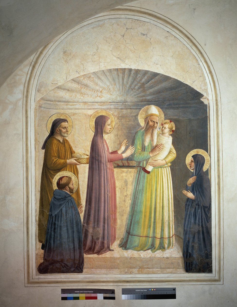 Die Darstellung Christi im Tempel. Der heilige Petrus, Märtyrer, und die dominikanische Nonne Villana beobachten die biblische Szene. Fresko von Guido di Pietro von Fra Angelico