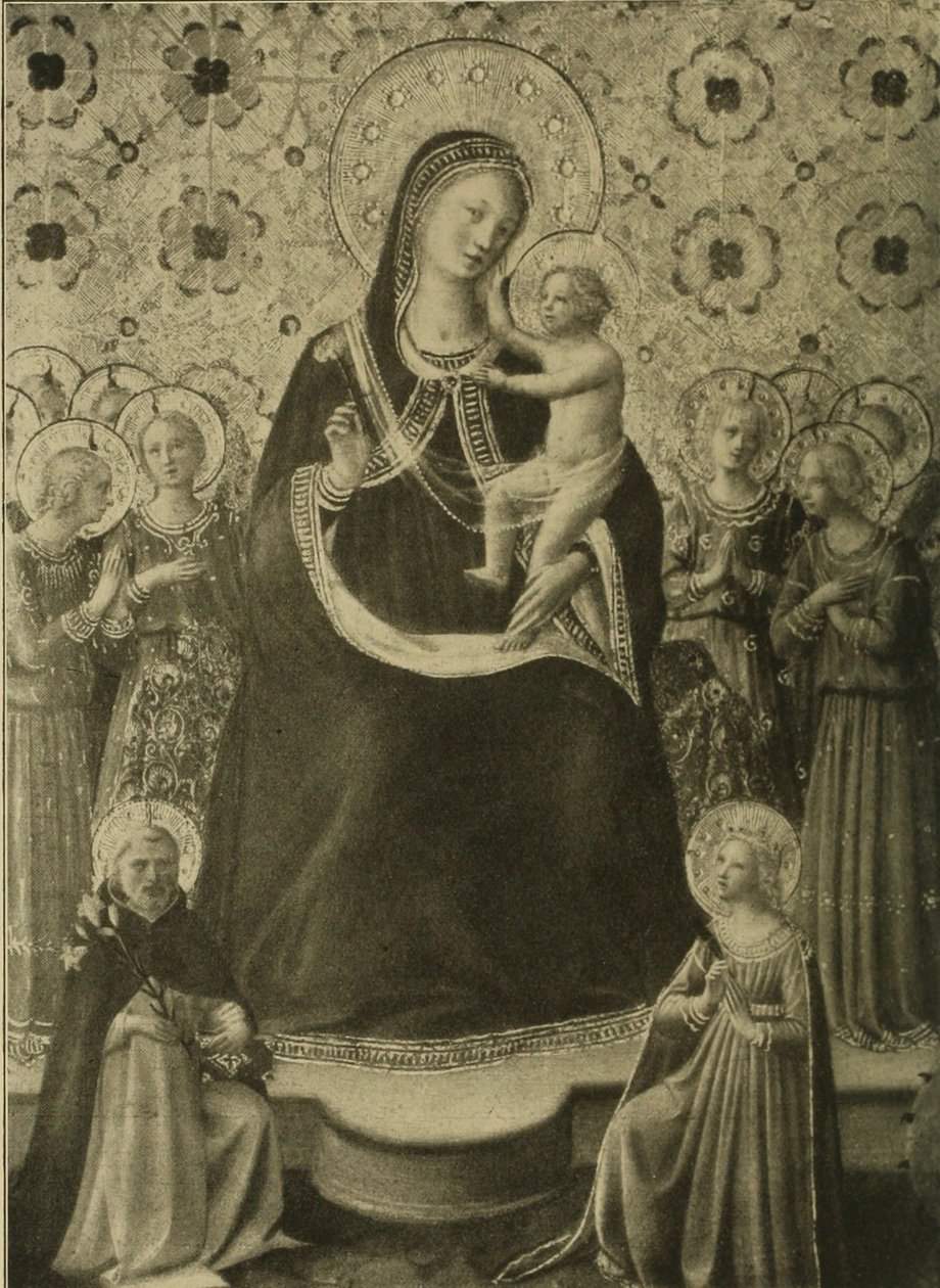 Madonna und Kind auf dem Thron mit neun Engeln und den Heiligen Dominikus und Katharina von Alexandria von Fra Angelico