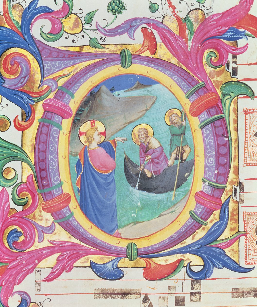 Missale 558 f.9r Historisierte Initiale O, die den wunderbaren Fischfang darstellt von Fra Angelico