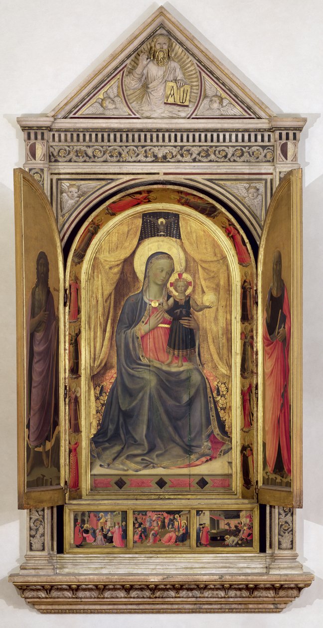 Das Linaiuoli-Triptychon (mit offenen Flügeln): Die Jungfrau und das Kind auf dem Thron mit St. Johannes dem Täufer und St. Markus, 1433 von Fra Angelico