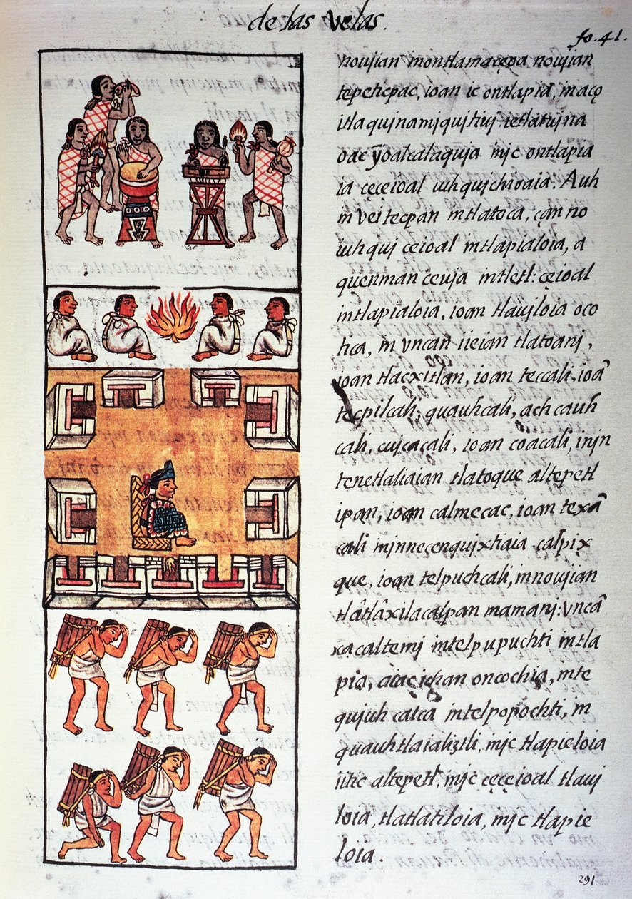 Aztekische Gesellschaft, Musiker, König und Händler, Text in Nahuatl, aus Faksimile des Manuskripts Allgemeine Geschichte der Dinge von Neuspanien, auch bekannt als Florentiner Kodex, von Bernardino de Sahagun von Fra Bernadino da Sahagun
