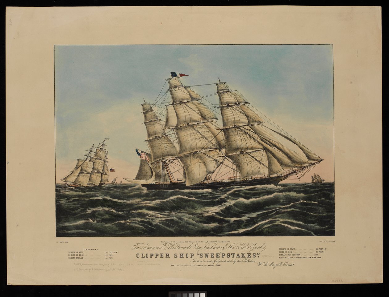Aaron J. Westervelt Esq. dem Erbauer des New Yorker Klipperschiffs Sweepstakes ist dieser Druck respektvoll gewidmet von den Verlegern... von Frances Flora Bond (c.1812 76) (after) Palmer