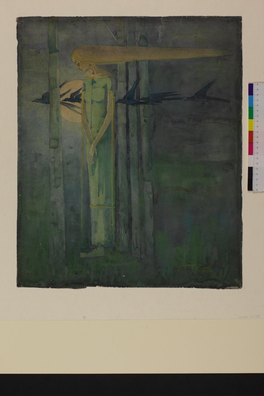 "Unglücksomen", oder, "Mädchen im Ostwind mit vorbeiziehenden Raben vor dem Mond", 1893 von Frances Macdonald