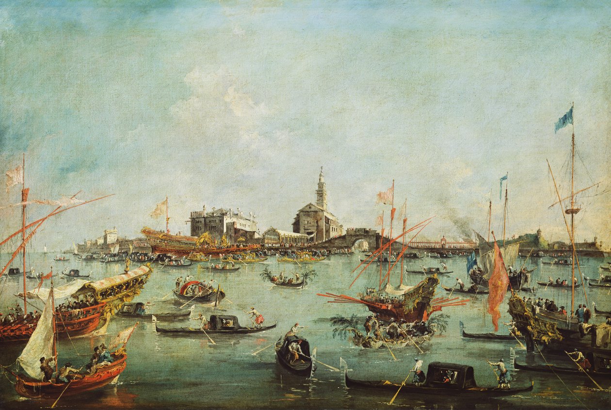 Der Doge auf der Bucentaur vor San Nicolò del Lido am Himmelfahrtstag, um 1766-70 von Francesco Guardi