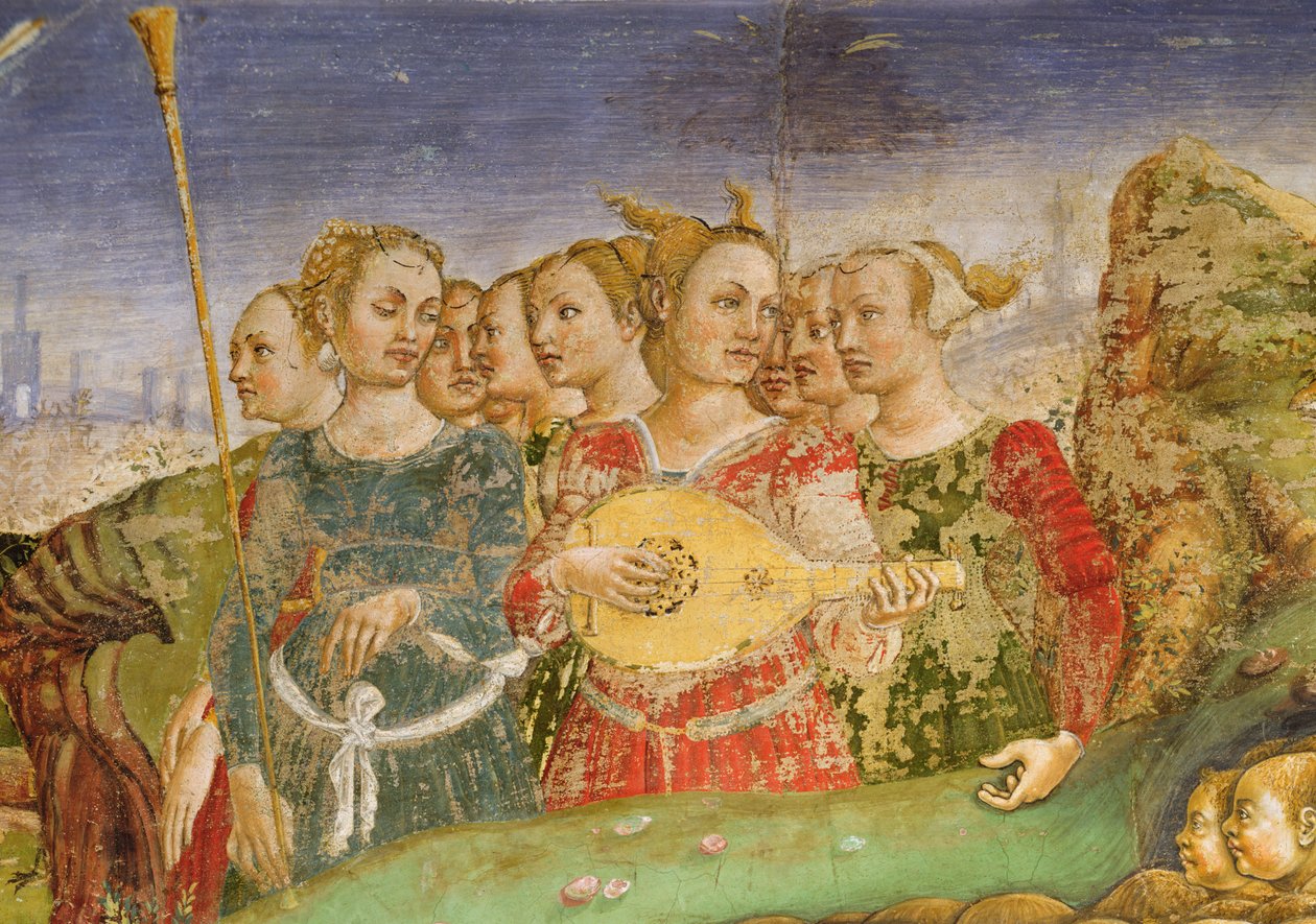 Allegorie des Mai: Der Triumph des Apollo, Detail einer Gruppe junger Mädchen mit einem Lautenspieler, 1469-70 von Francesco del Cossa