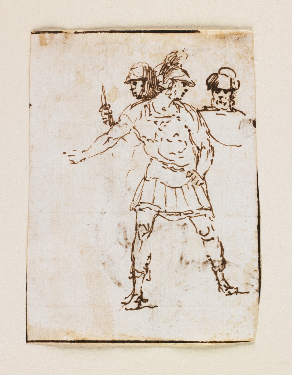 Studie von zwei römischen Soldaten und einer bärtigen Figur (recto); Studie eines bärtigen Mannes, der mit einem Stock geht (verso) von Francesco Allegrini