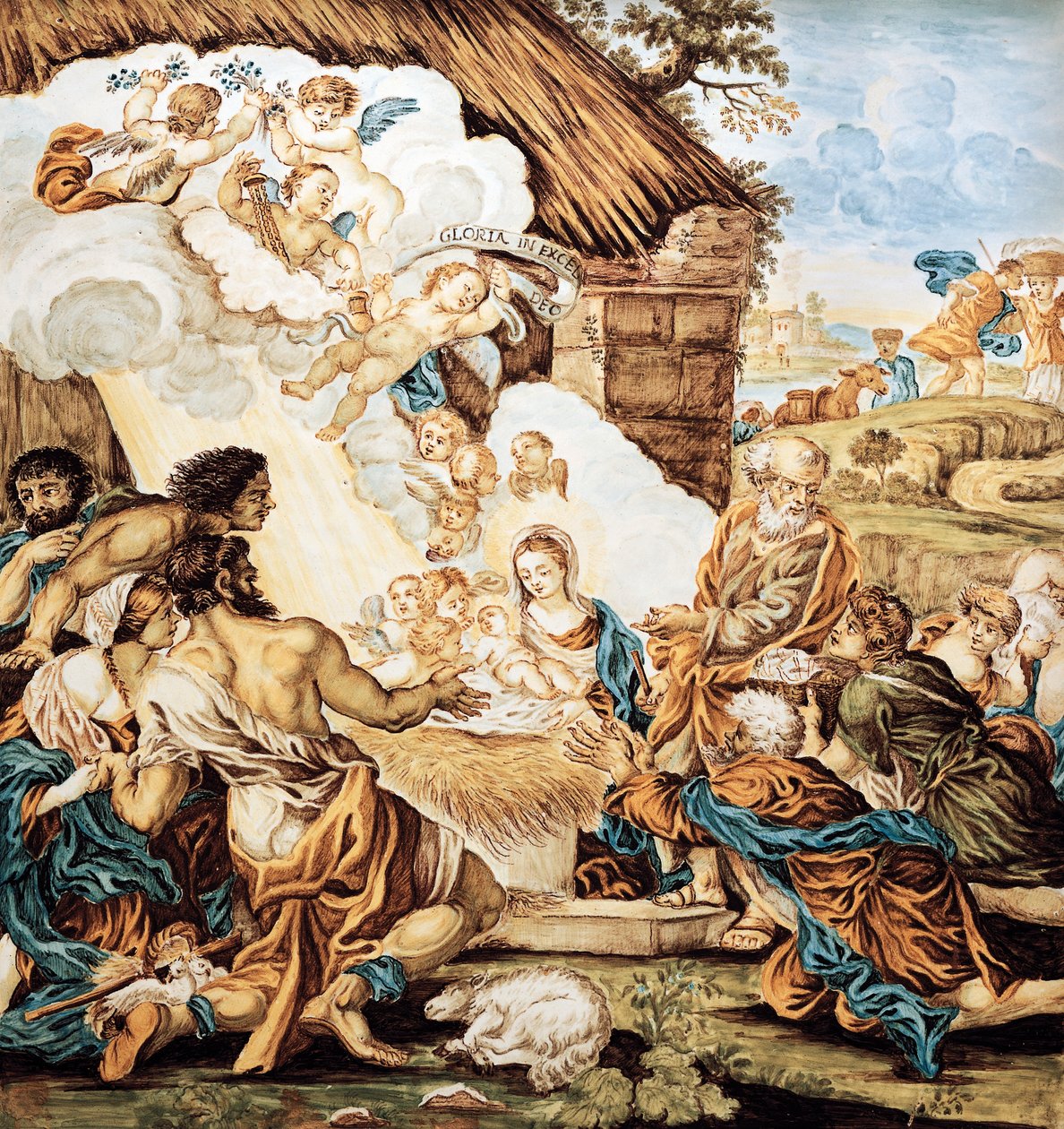 Krippe, bemalter Majolikateller, von Francesco Antonio Xaverio Grue, Abruzzo Castelli Manufaktur, Italien von Francesco Antonio Xaverio Grue
