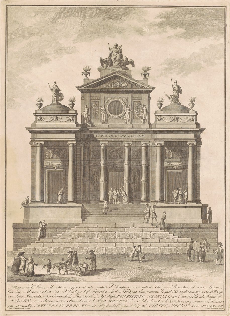 Die Prima Macchina für die Chinea von 1785: Der Tempel des Jupiter, begonnen von Tarquinius Priscus mit dem Wunder des Accius Naevius von Francesco Barbazza, after Giuseppe Palazzi