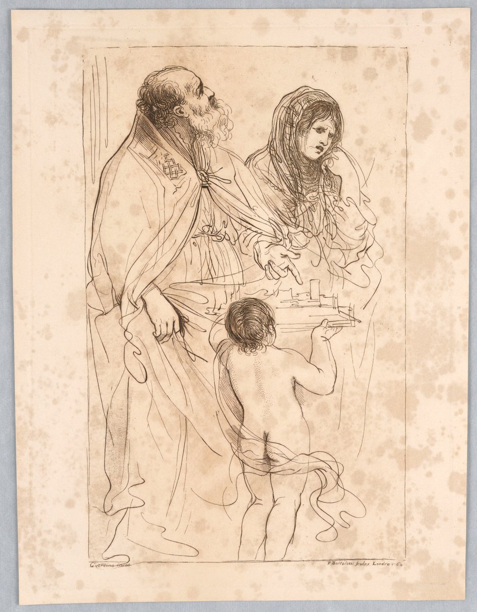 Ein Bischofheiliger zeigt auf ein Modell einer Stadt, mit anderen Figuren, nach einer Zeichnung von Guercino von Francesco Bartolozzi