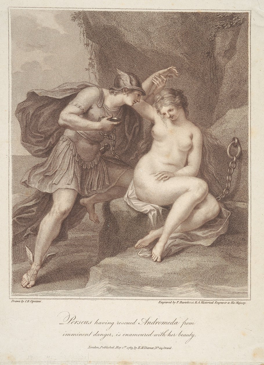 Perseus, der Andromeda aus drohender Gefahr rettete, ist von ihrer Schönheit bezaubert von Francesco Bartolozzi