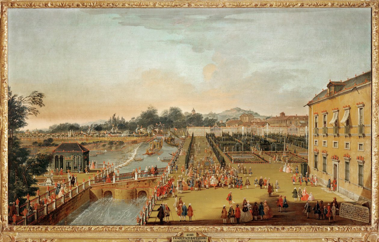 König Ferdinand VI. von Spanien und Königin Barbara Braganza und ihre Gäste in den Gärten des Palastes von Aranjuez von Francesco Battaglioli