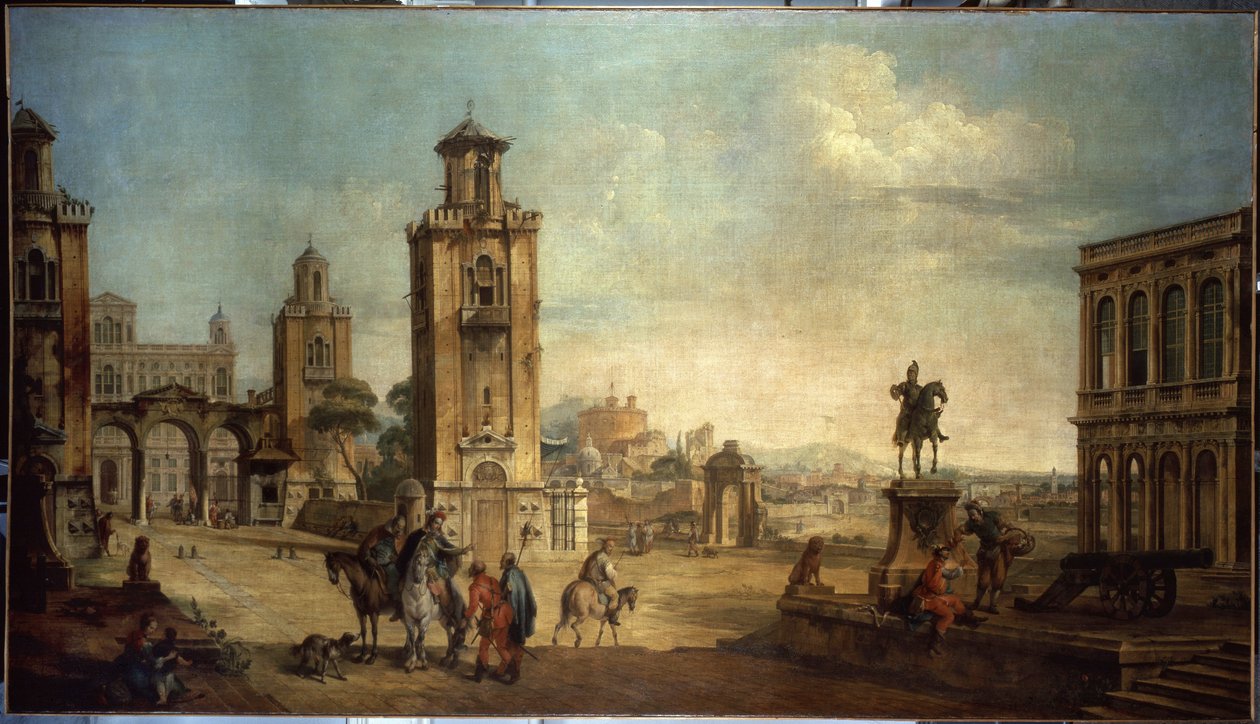 Straßenszene in einer Stadt, der große Platz mit Denkmälern von Francesco Battaglioli