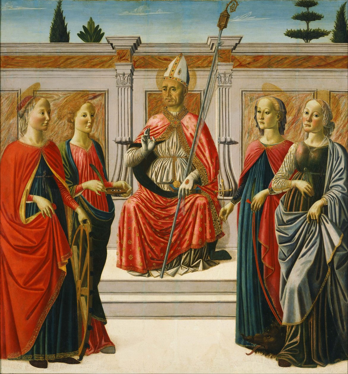 Heiliger Nikolaus und Heiliger Katharina, Heiliger Lucia, Heiliger Margareta, Heiliger Apollonia von Francesco Botticini