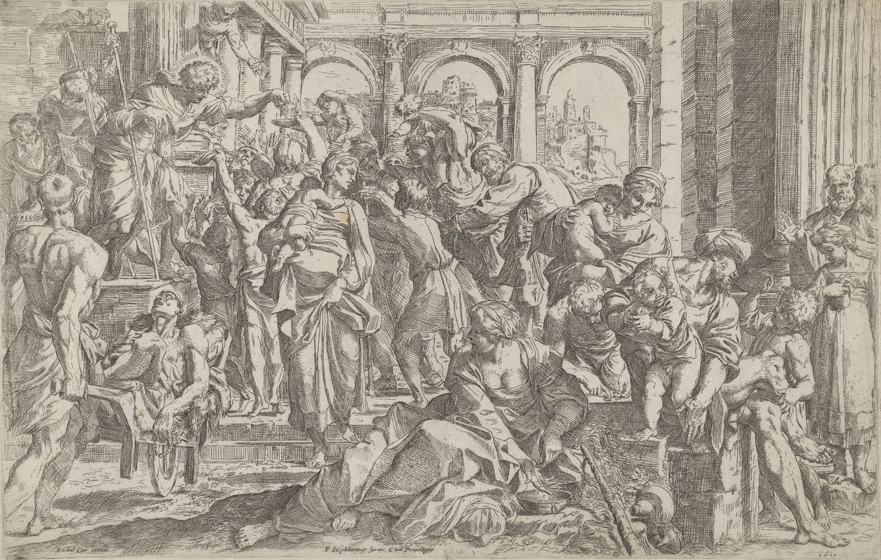 Der heilige Rochus verteilt links Almosen an eine Gruppe von Menschen, nach ..., 1590-1600 von Francesco Brizio