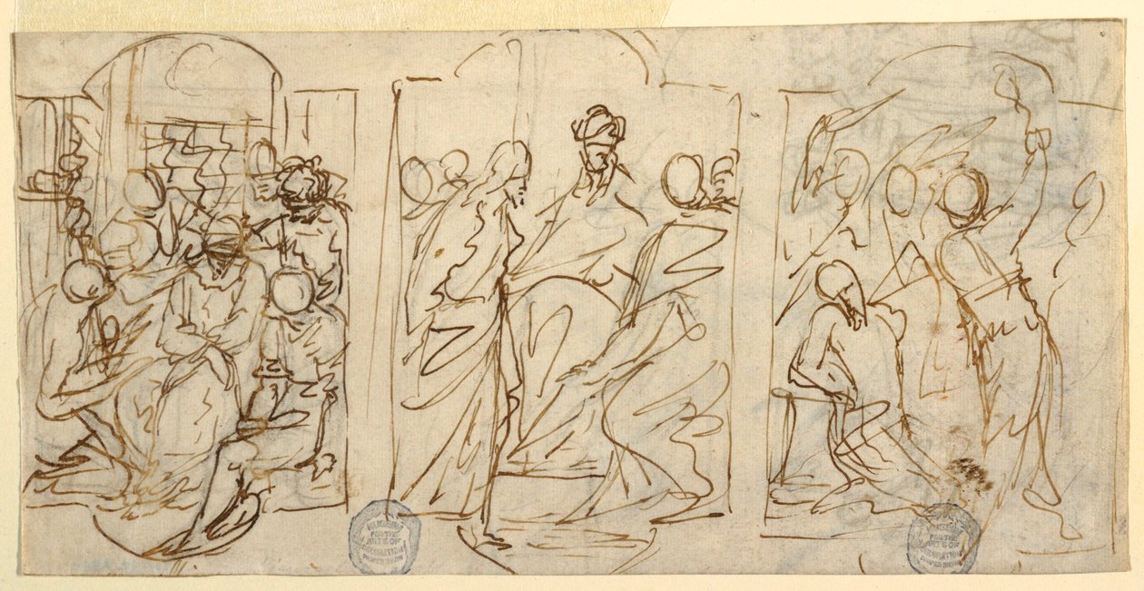 Drei Phasen der Passion: Die Verspottung, Christus vor Pilatus, Geißelung, ca. 1848 von Francesco Coghetti