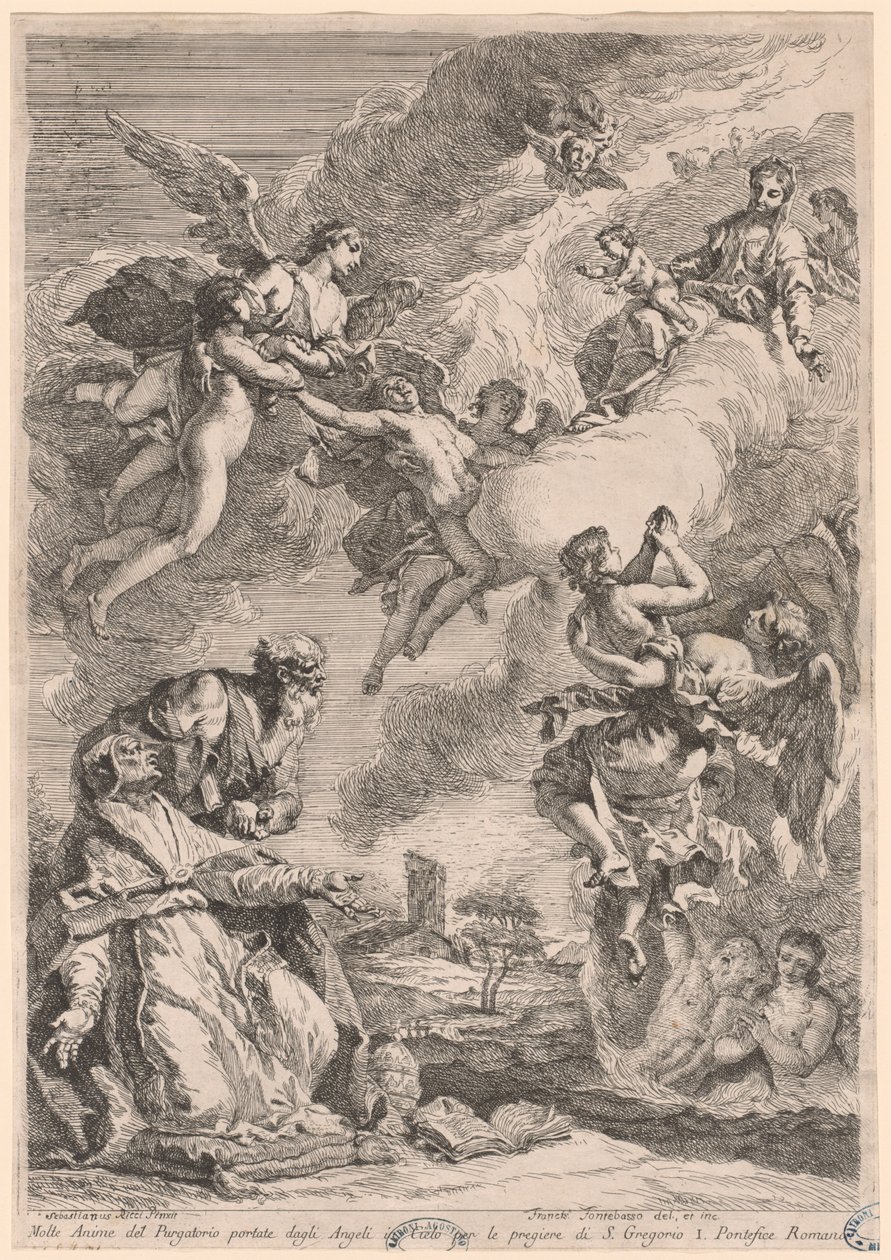 Papst Gregor der Große und Heiliger Vitale, die für die Seelen im Fegefeuer Fürbitte leisten von Francesco Fontebasso, after Sebastiano Ricci