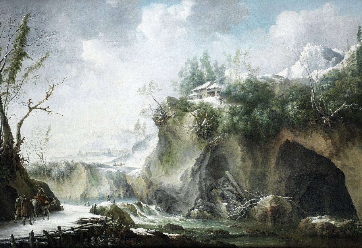 Eine Flusslandschaft im Winter, mit Reisenden auf einem verschneiten Pfad von Francesco Foschi