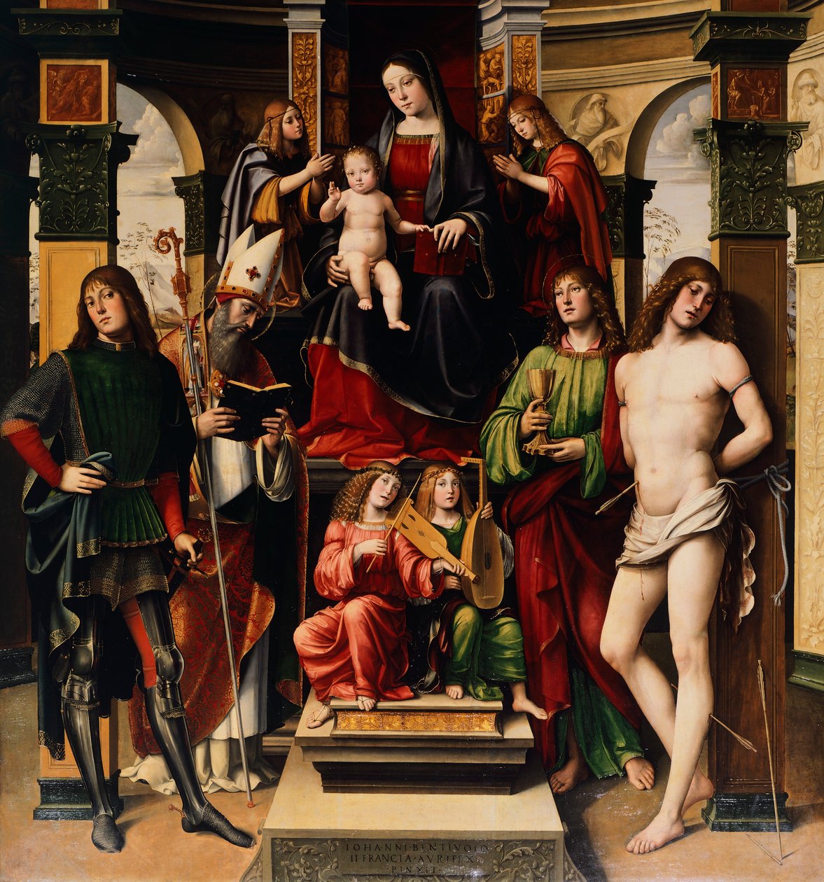 Madonna mit Kind, Engeln und Heiligen, von Francesco Francia (1450-1517), Kirche San Giacomo Maggiore, Bologna, Italien von Francesco Francia