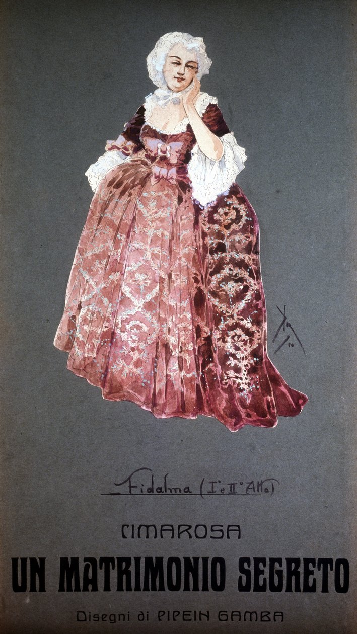 Charakter „Fidalma“ in „Die heimliche Ehe“ (Il matrimonio segreto) von Domenico Cimarosa (1749 - 1801). Kostüm von F. Gamba - Scala von Mailand. von Francesco Gamba
