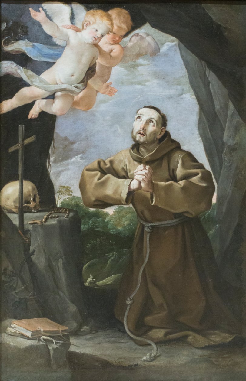 Heiliger Franziskus, der das Kreuz anbetet von Francesco Giovanni Gessi