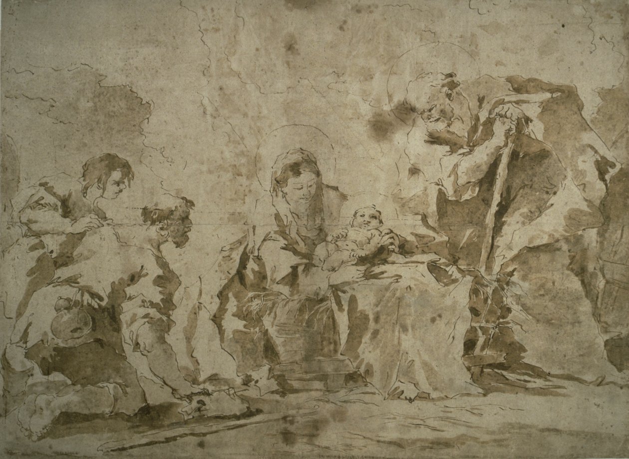 Anbetung der Hirten (recto); Drei Skizzen: Gebäude am Kanal mit Booten, Landschaft mit Gebäuden am Hang, Gebäude mit Portikus (verso) von Francesco Guardi