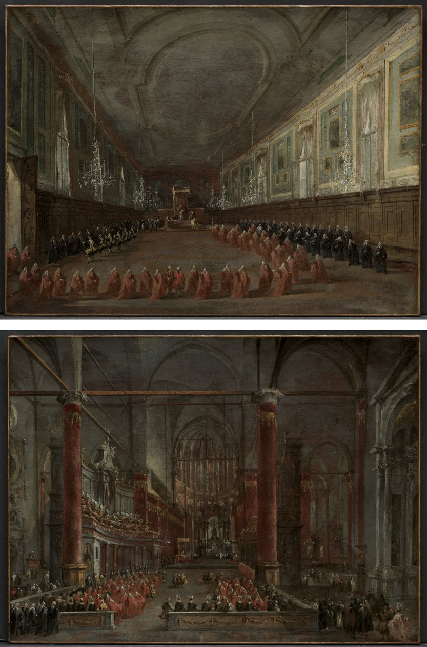 Papst Pius VI. steigt vom Thron, um sich vom Dogen in der Halle von SS. Giovanni e Paolo zu verabschieden, 1782 und Pontifikalzeremonie in SS. Giovanni e Paolo, Venedig, 1782 (Paar) von Francesco Guardi