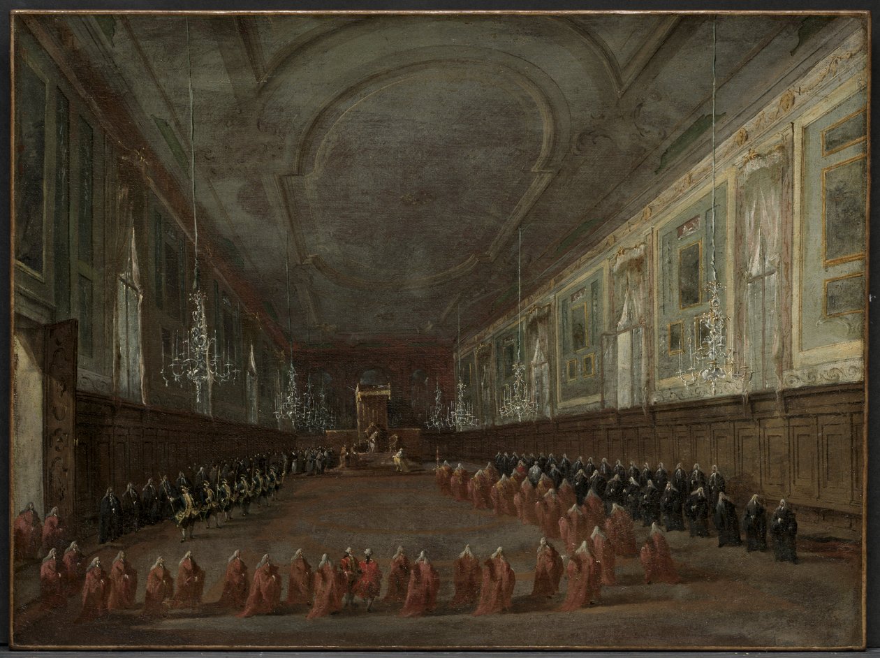 Papst Pius VI. verlässt den Thron, um sich vom Dogen in der Halle von SS. Giovanni e Paolo zu verabschieden, 1782 von Francesco Guardi