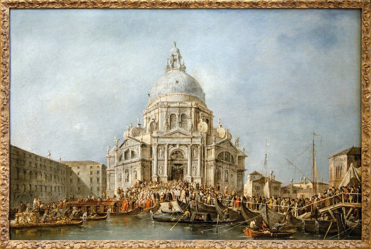 Der Doge von Venedig geht zur Salute von Venedig, jedes Jahr am 21. November ging der Doge zur Basilika Santa Maria della Salute, die als Dank für das Ende der Pest von 1630 errichtet wurde, um der Jungfrau für diese Befreiung zu danken, eine Bootsbrücke von Francesco Guardi