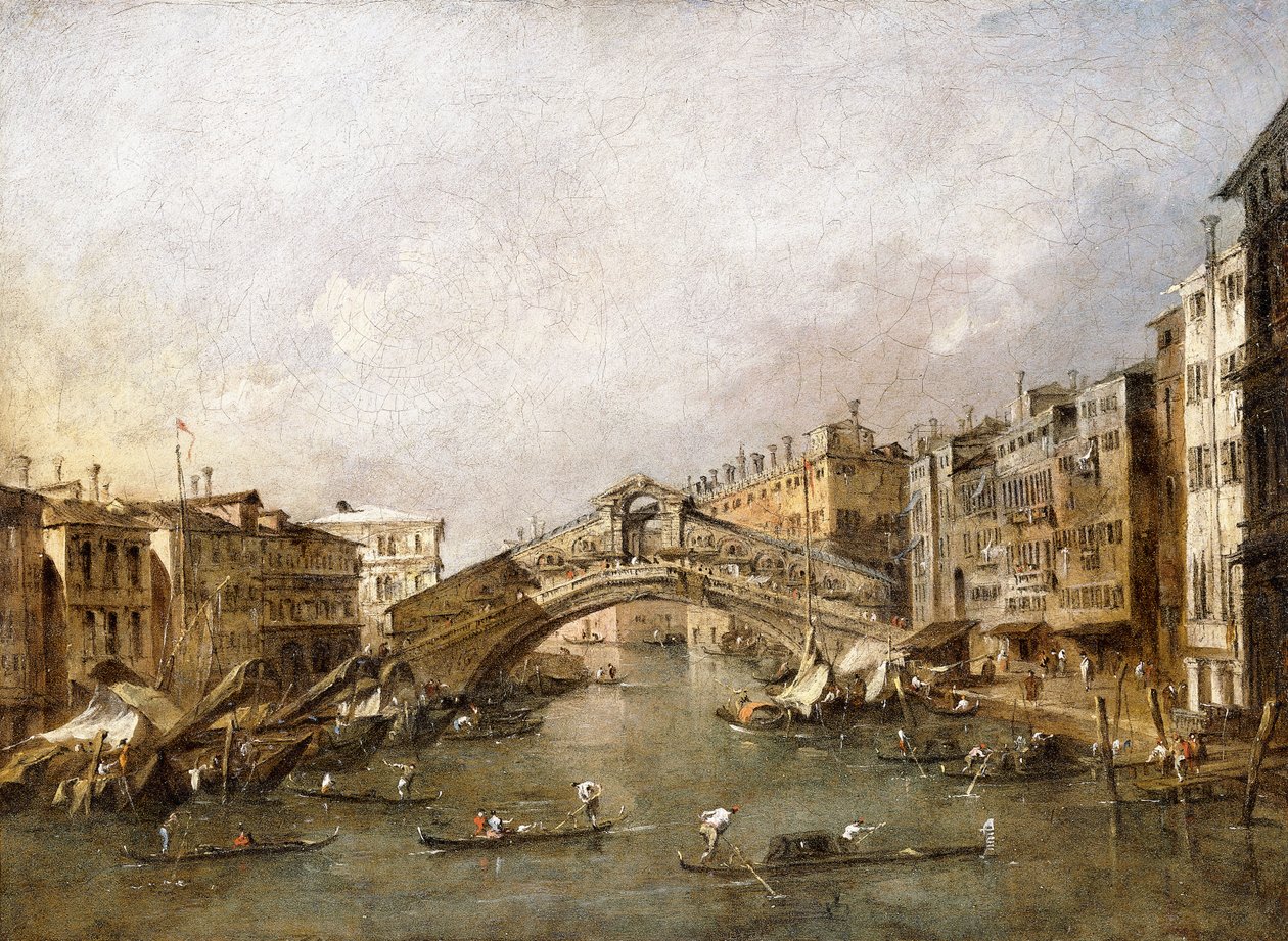 Die Rialtobrücke in Venedig, mit Gondeln im Vordergrund von Francesco Guardi