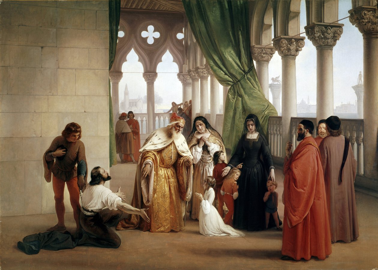 Die beiden Foscari: Francesco Foscari, Doge von Venedig, verbannt seinen Sohn Jacopo wegen des Vorwurfs des verräterischen Briefwechsels im Exil von Francesco Hayez