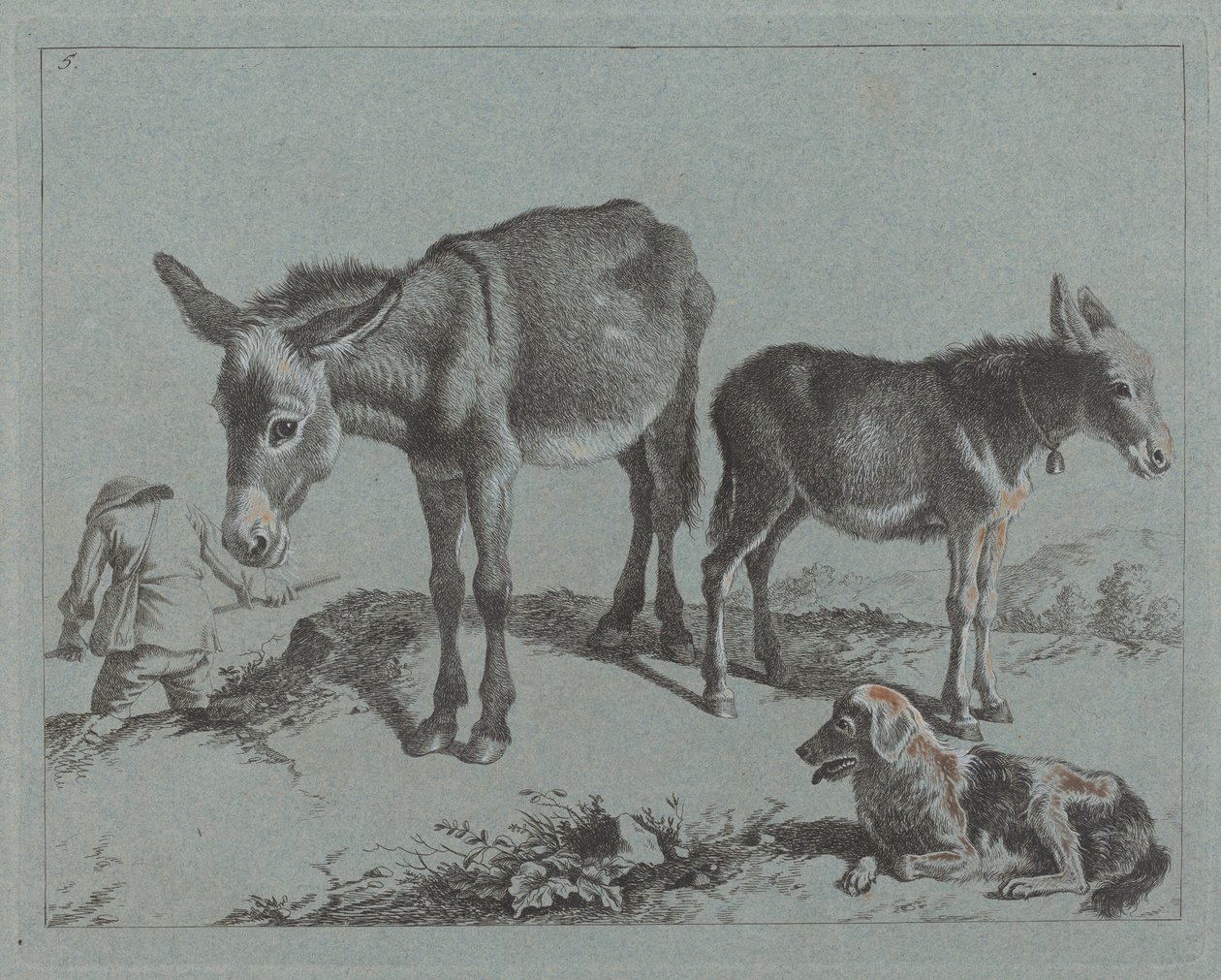 Esel mit ihrem Fohlen, einem Hund und einem Bauern, 1762-1763 von Francesco Londonio