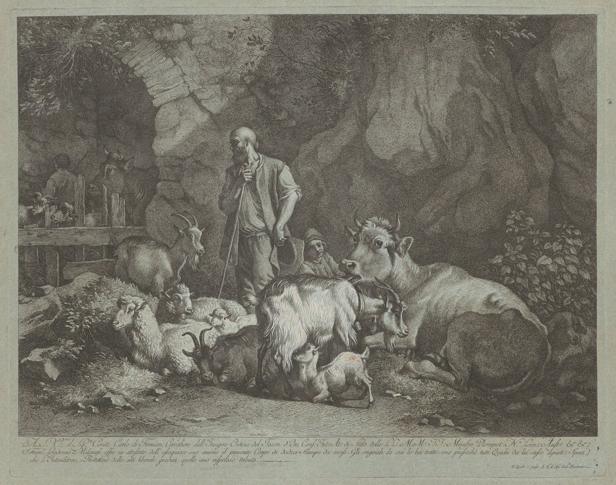 Alter, kahlköpfiger Schäfer, sitzender Schäferjunge und Herde von Francesco Londonio
