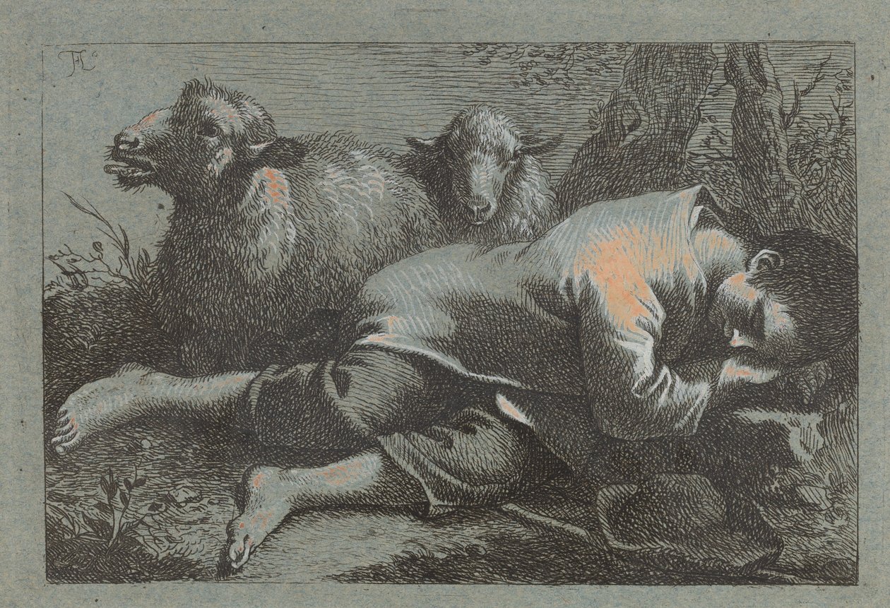 Schlafender Bauernjunge in der Nähe von zwei Schafen, 1758-1759 von Francesco Londonio
