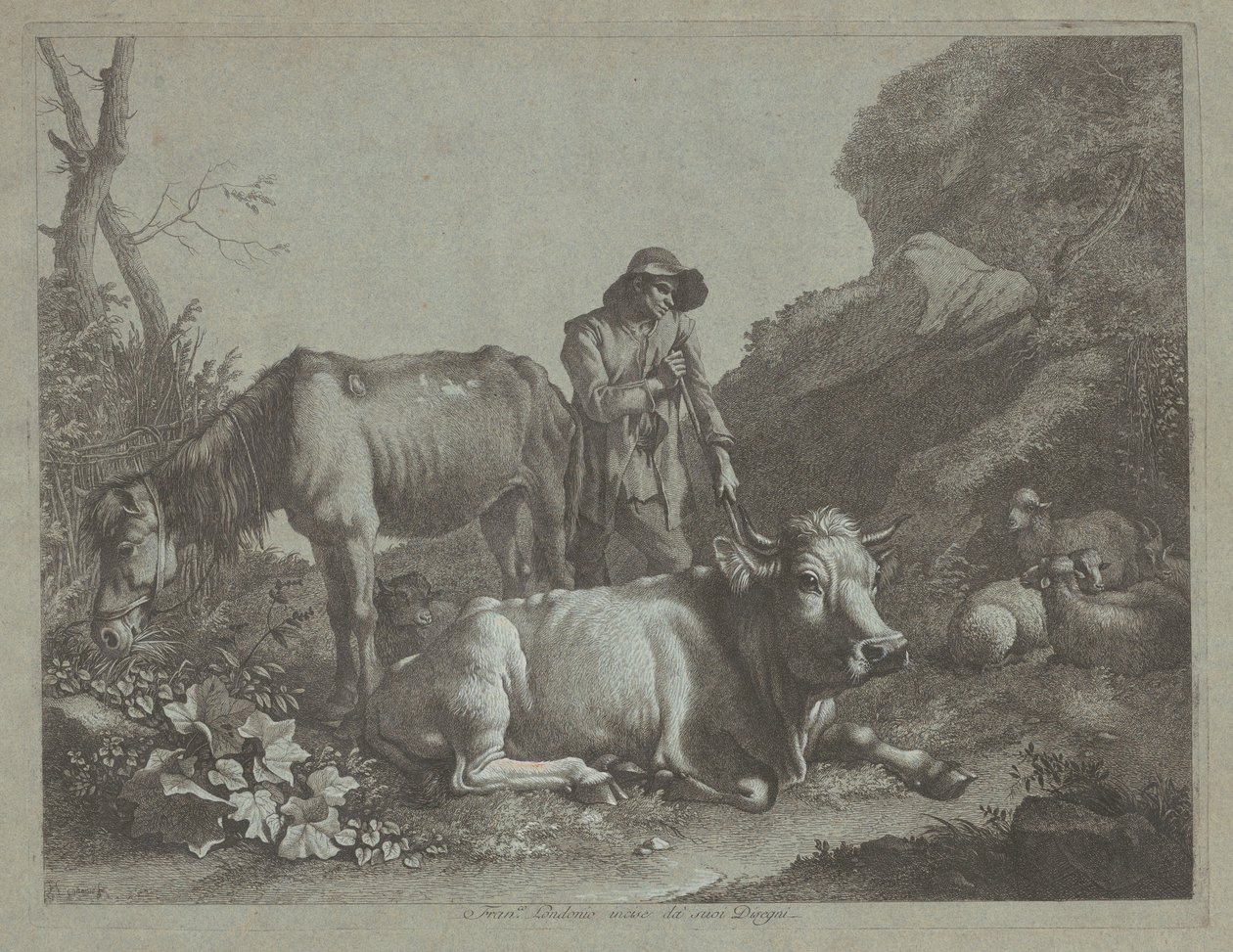 Hirte ruht sich auf einem Gehstock mit einem alten Pferd und einem liegenden Stier aus von Francesco Londonio