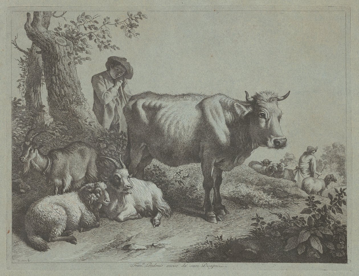 Stehende Kuh und ein Hirtenjunge mit Herde von Francesco Londonio