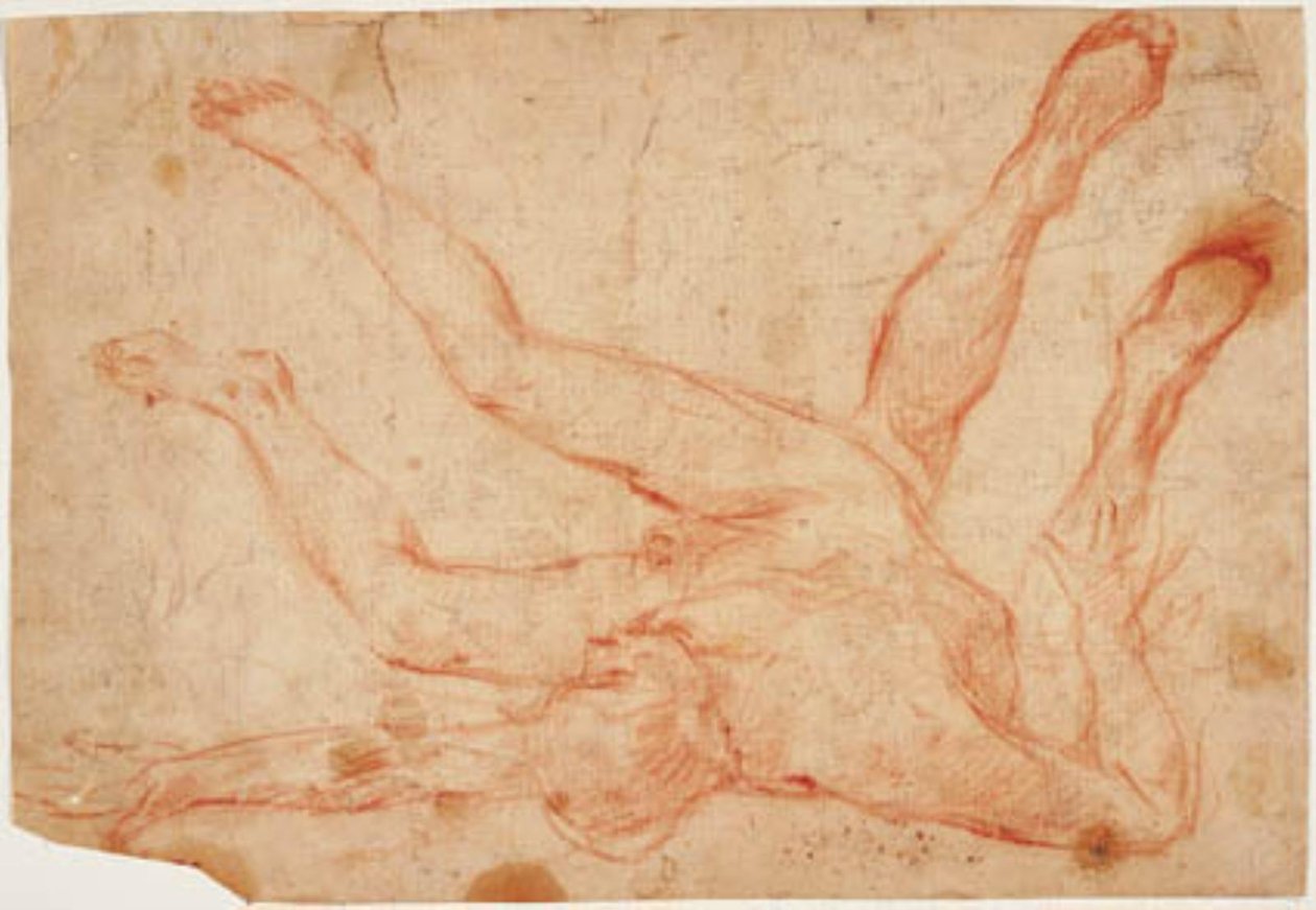 Ein männlicher Akt, der auf dem Rücken liegt, mit hochgezogenen Beinen, und eine Studie für ein Paar hochgezogene Beine von hinten gesehen von Francesco Montelatici