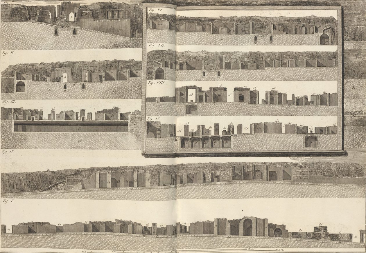 Querschnitte, die die verschiedenen Aspekte der im Plan von Pompeji gezeigten Gebäude zeigen, 1804 von Francesco Piranesi