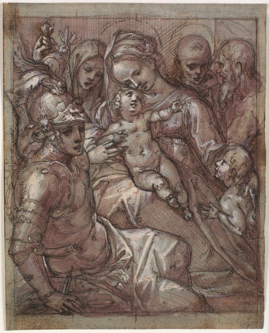 Jungfrau Maria und Jesuskind mit Johannes dem Täufer als Kind, Bernardino von Siena (?), Katharina von Siena, Erzengel Michael und ein bärtiger Heiliger von Francesco Rustici
