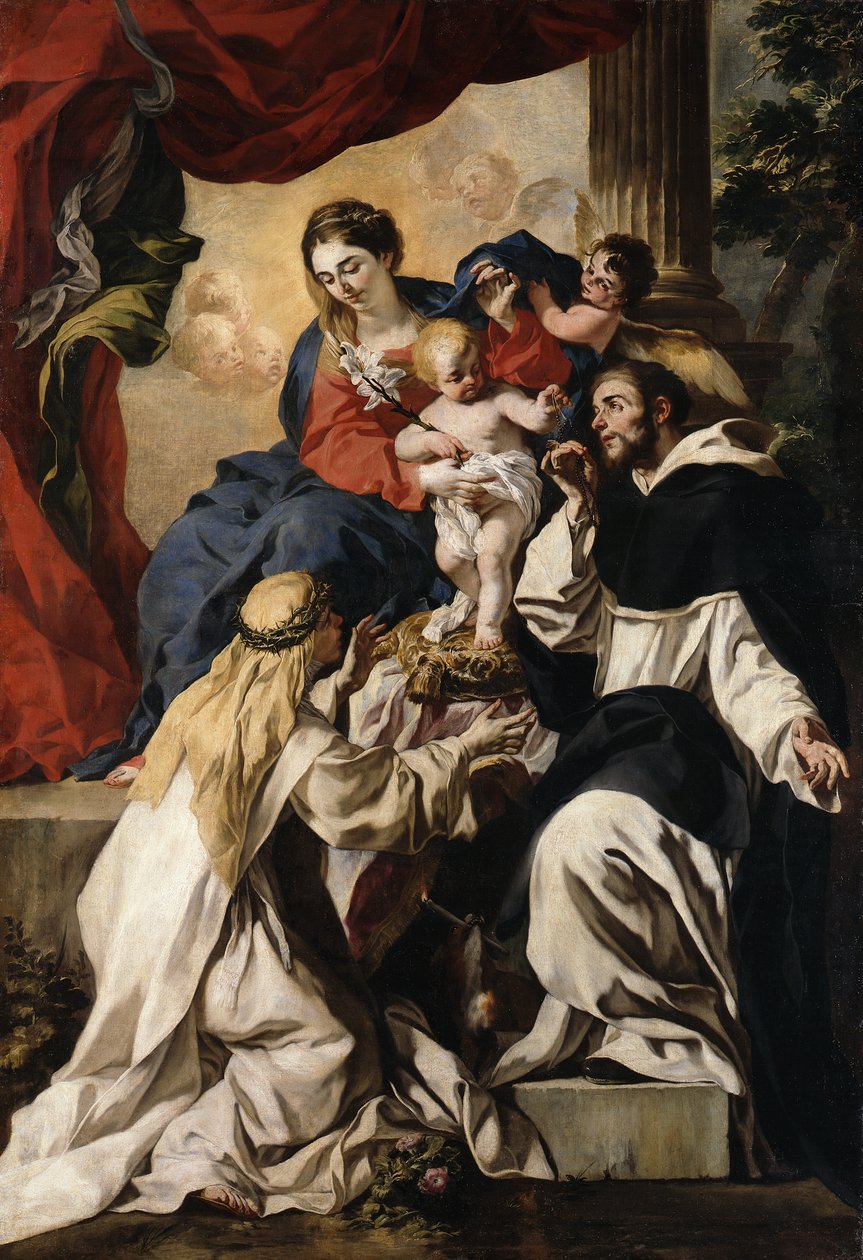 Die thronende Maria mit dem Kind, dem heiligen Dominikus und der heiligen Katharina von Siena (Rosenkranzmadonna) von Francesco Solimena