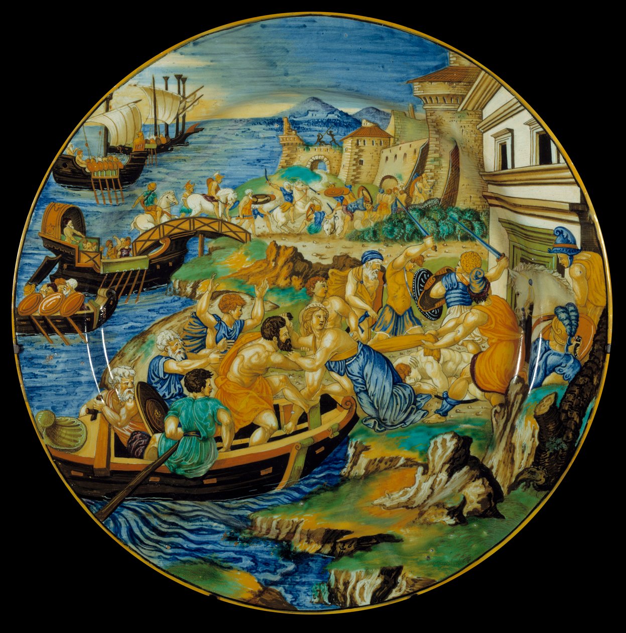 Ilias von Homer: Fayence-Schale von Francesco Xanto Avelli (aktiv um 1530/1540) darstellend die Entführung der Helena durch Paris. Dies ist die Episode, die den Trojanischen Krieg auslösen wird. Hergestellt in Urbino. 1537. Paris, Louvre Museum von Francesco Xanto Avelli