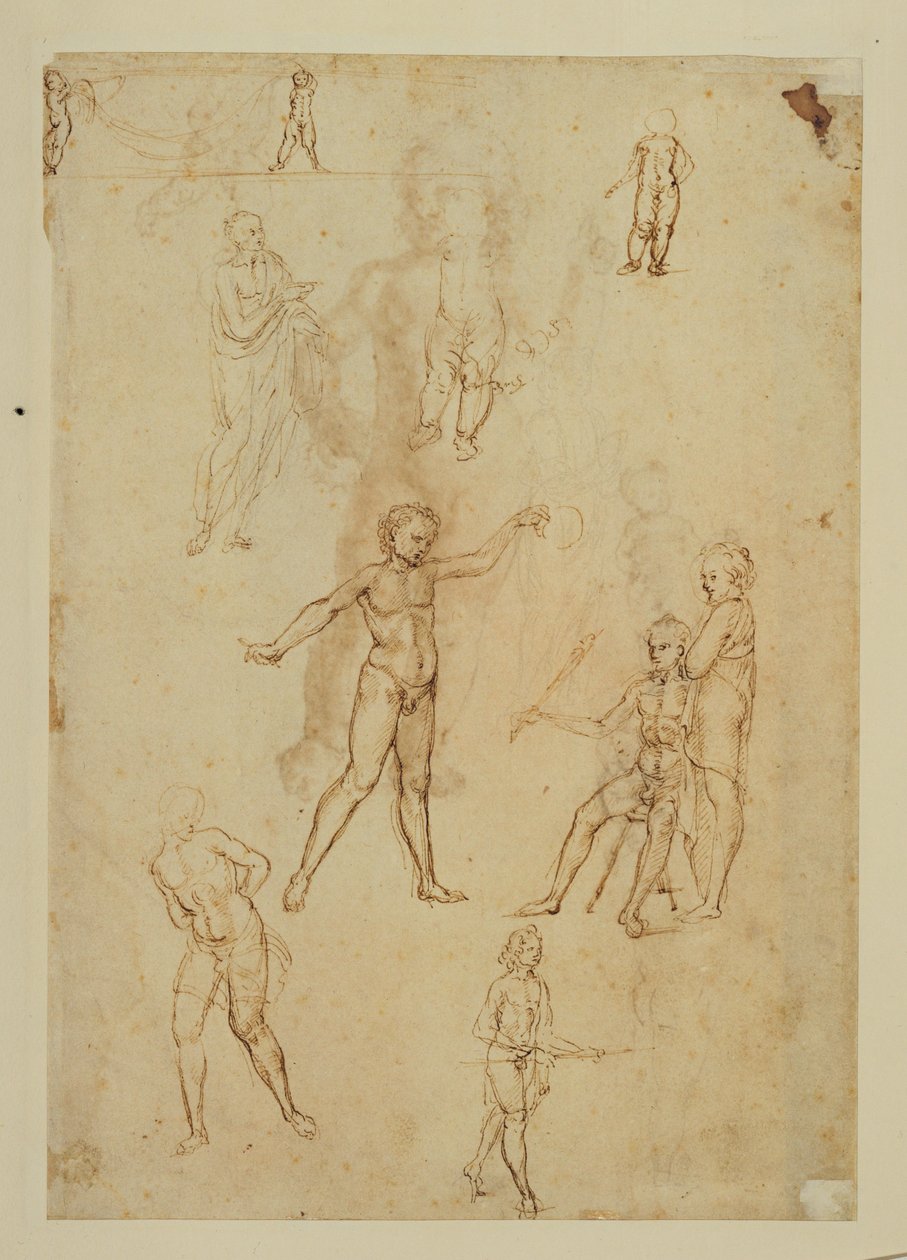 Figurenstudien. Feder und braune Tinte, Metallfeder, rosa Papier von Francesco di Simone (attr. to)